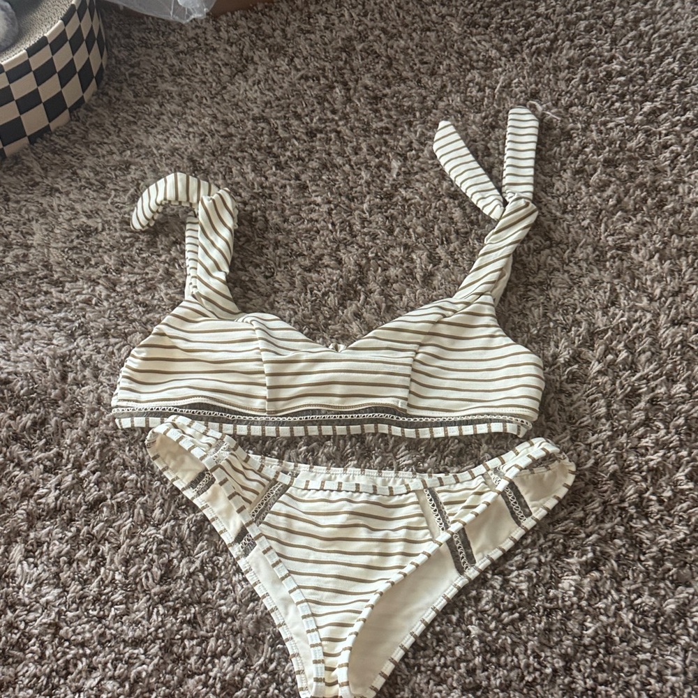 Tularosa Cream and Brown Striped Bikini